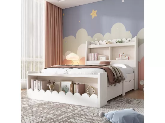 Lit simple enfant 90x190 cm, avec tiroirs, étagères et espace de rangement, blanc + couleur chêne