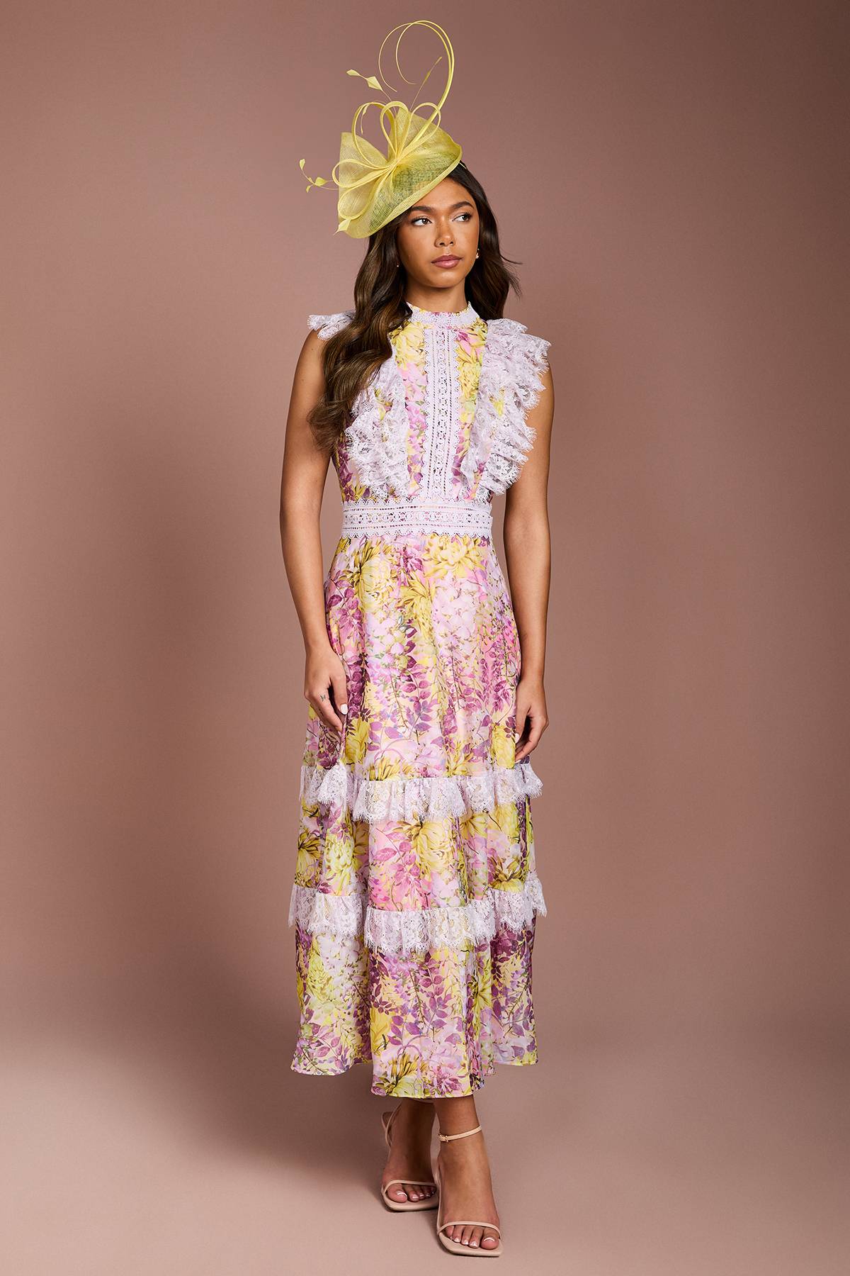 Coast Robe Mi-longue en Georgette Imprimée avec Finitions en Dentelle