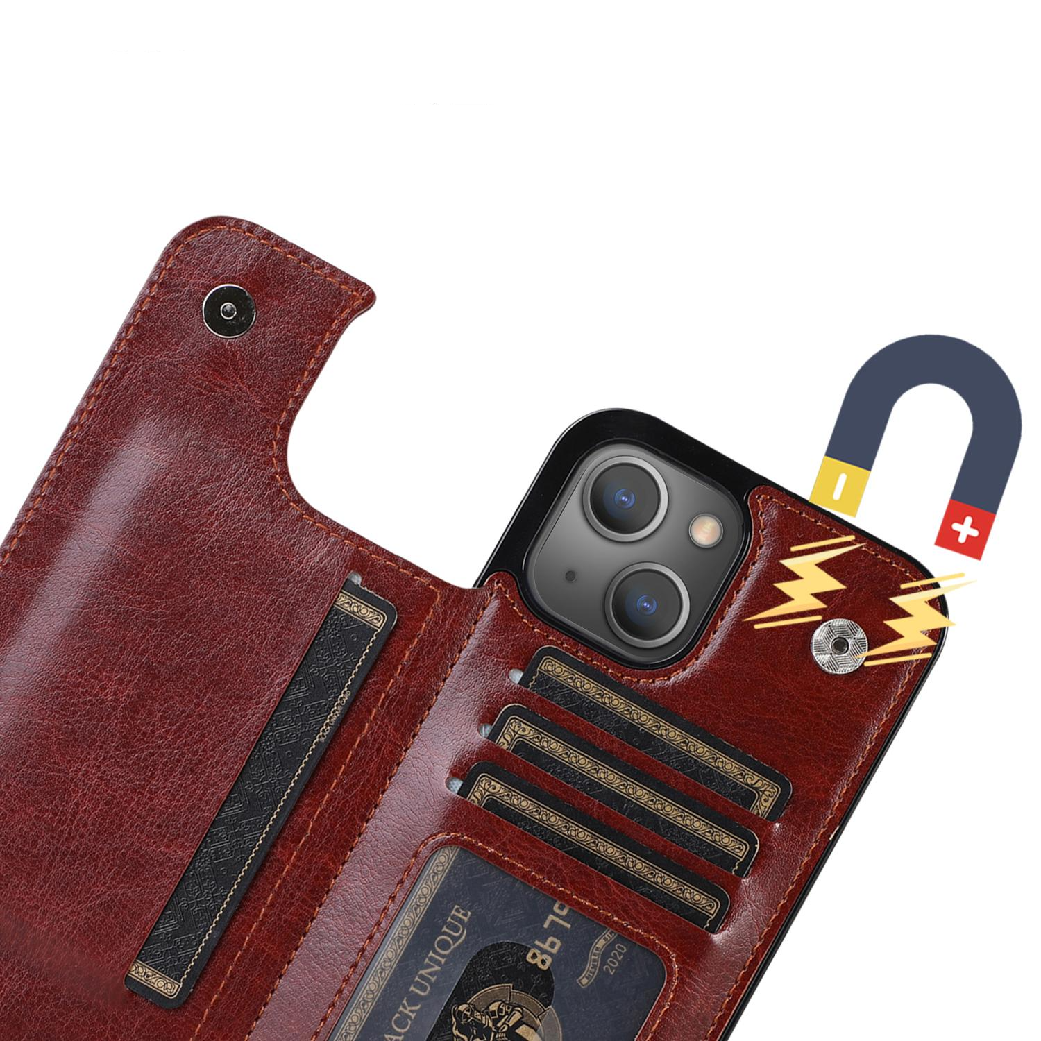 iPhone 14 Hybrid Leder Hülle mit Kartenfach   Kickstand Aufsteller - Braun