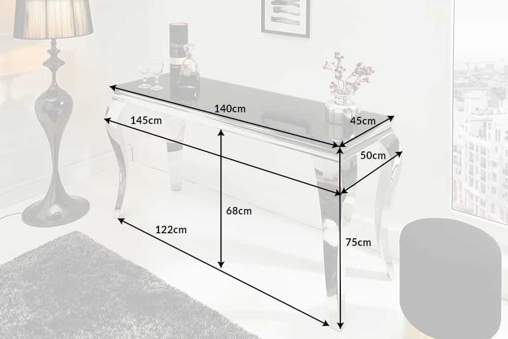 Eleganter Konsolentisch MODERN BAROCK 145cm schwarz Opalglas Edelstahlbeine