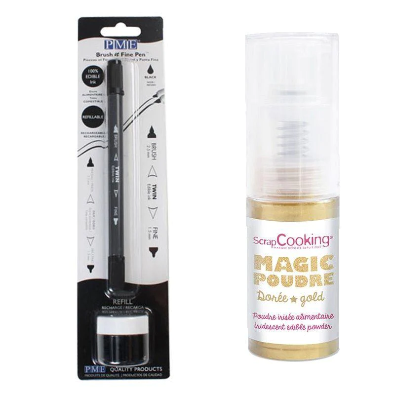 Stylo encre comestible noir avec recharge + Poudre irisée dorée Youdoi