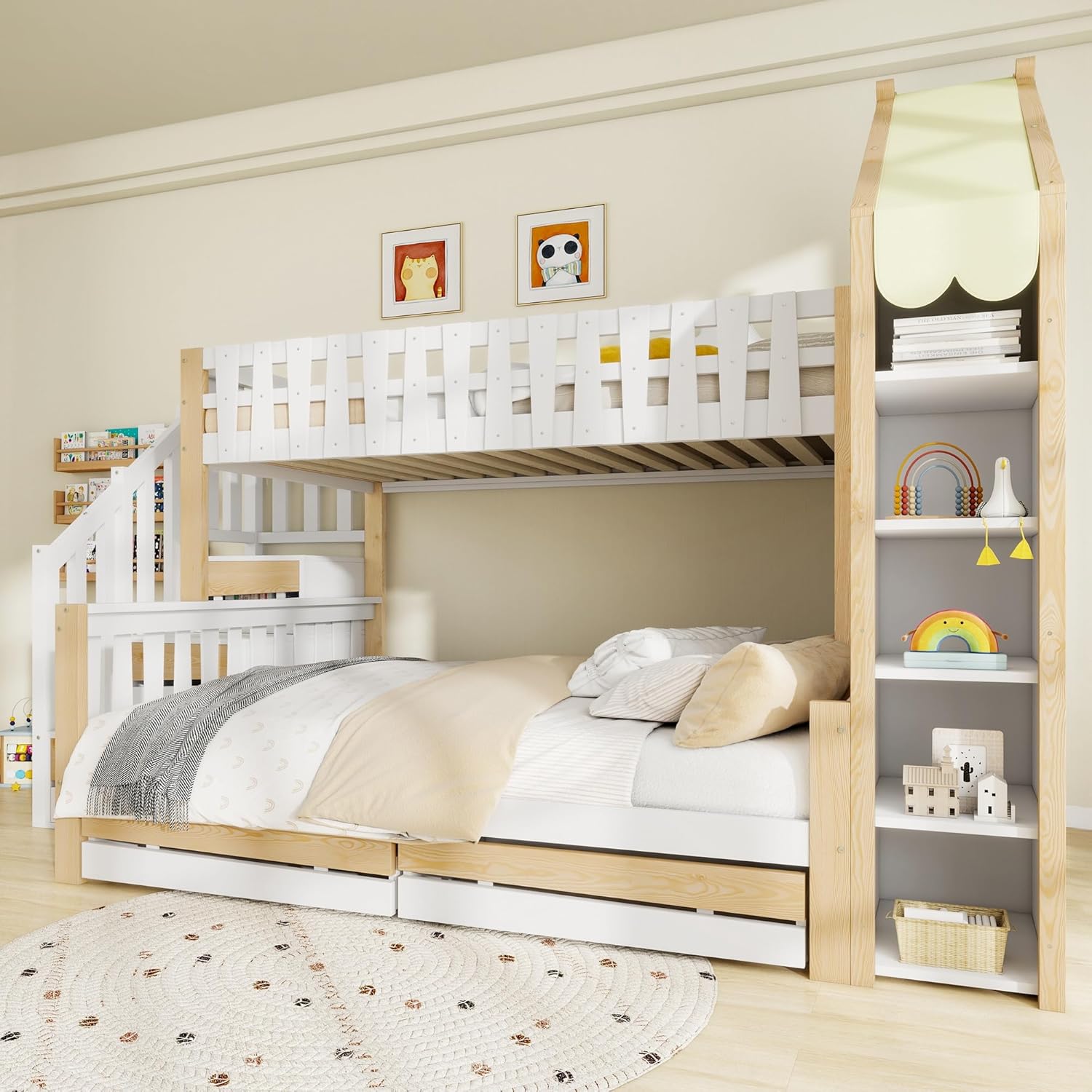 Kinderbett Etagenbett 90 x 200 cm+140 x 200 cm, Rausfallschutz Design, Holzbett mit Stauraum inl. 2 Schubladen, Treppe und BaumhausRegale (ohne Matratze) (Weiß+ Natur)