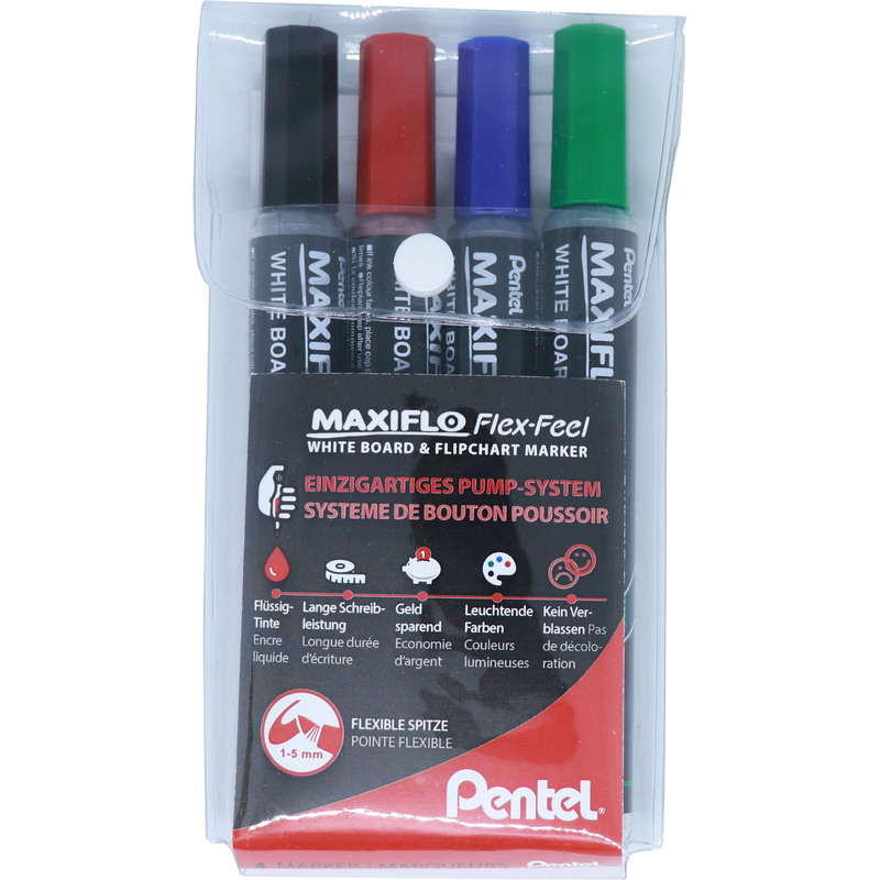 Pentel Whiteboard Marker Maxiflo Flex-Feel, 4er Etui, assortiert