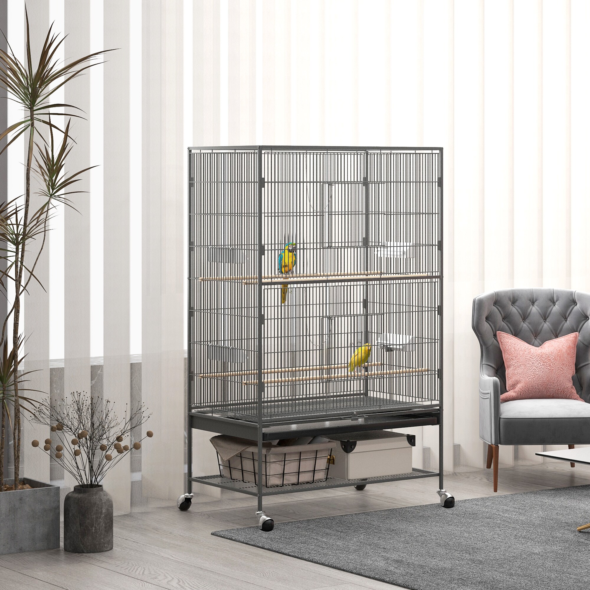 PawHut Vogelkäfig mit Rollen grau 94L x 57B x 153H cm