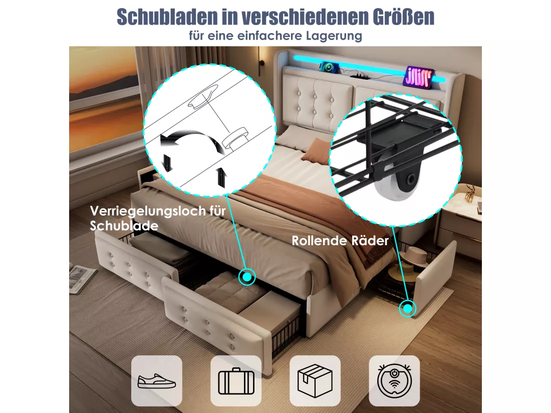 Lit capitonné 160 x 200 cm avec 4 tiroirs, tête de lit LED, prise USB Type-C - Tissu en coton - Beige (sans matelas)
