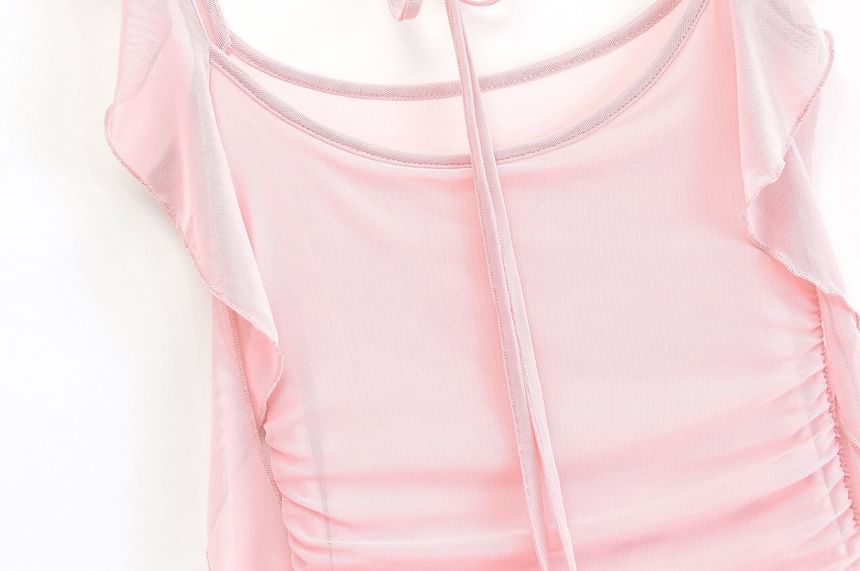 Sundine - Maxi-jurk met kapmouwen, ronde hals, effen ruches en mesh met split