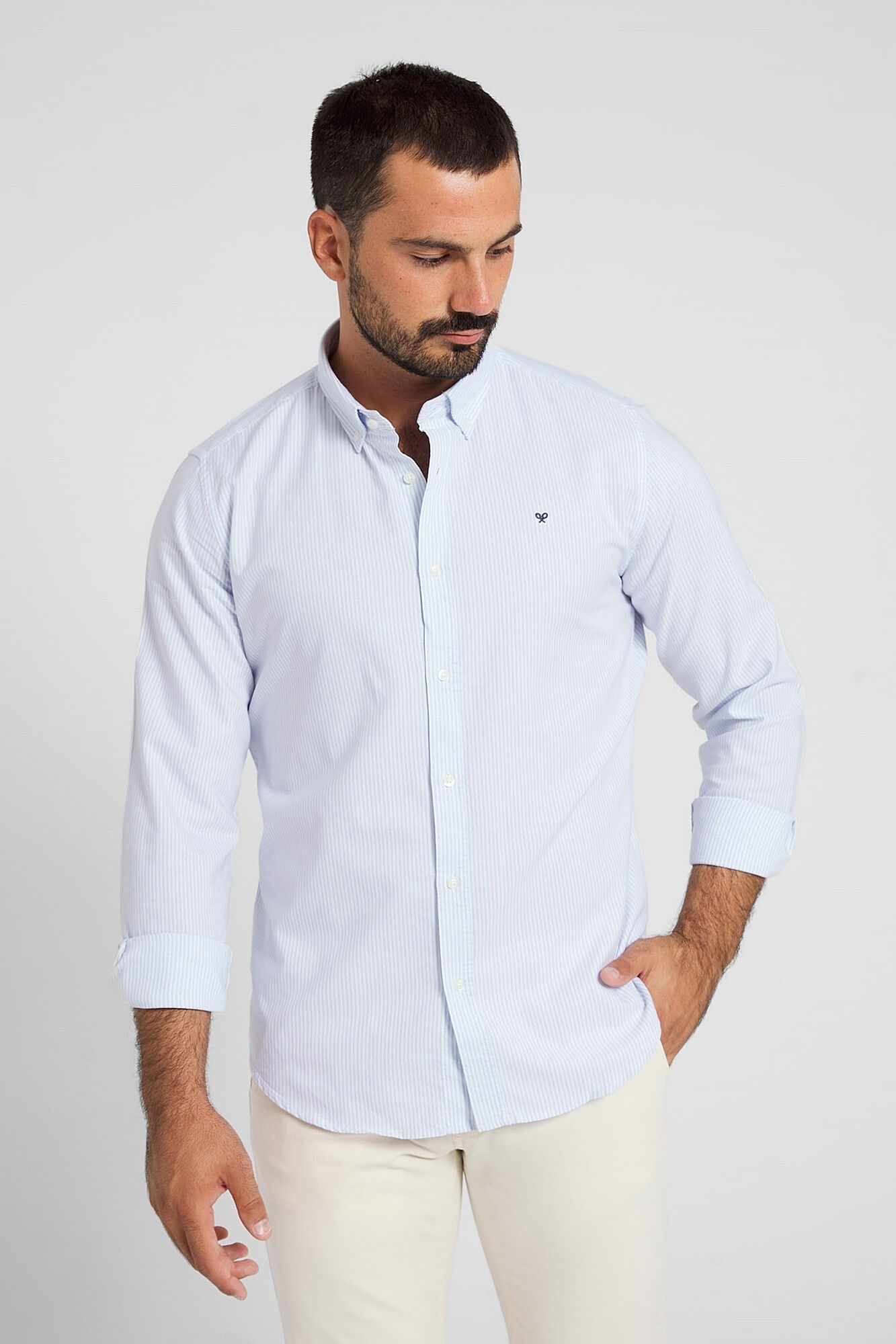 Camisa esportiva oxford clássica azul-clara com listras - Azul