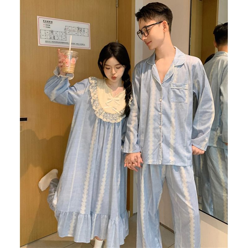 MELLO - Koppel bijpassende pyjamajurk met pofmouwen en kantversiering / pyjamashirt met lange mouwen / broek / set