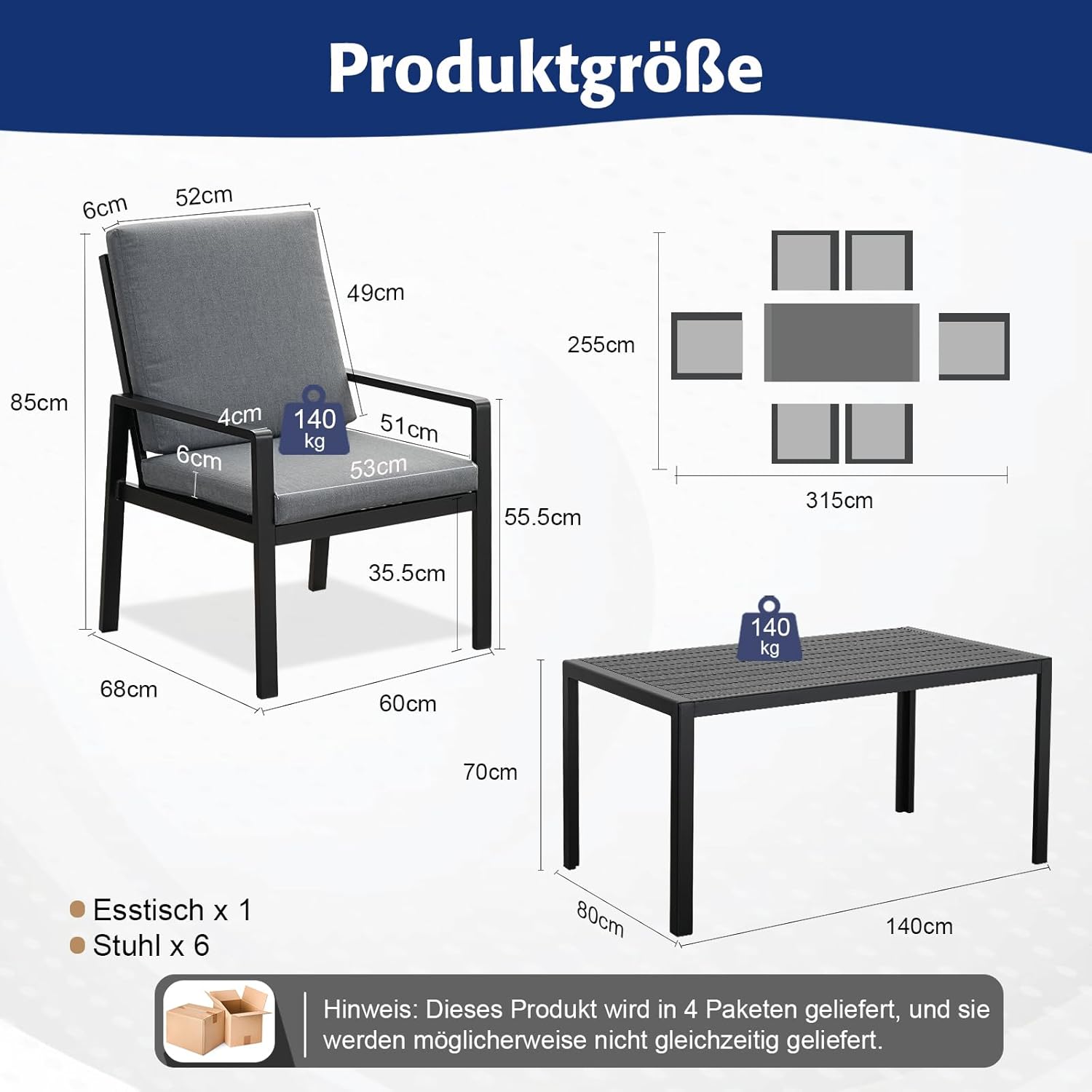 Atenza Gartenmöbel Set 6 Personen, 6+1 Aluminium Tisch und Stühle Set, 6 Sessel, 1 WPC Esstisch, inkl. Auflagen, Wetterfest Terrassenmöbel für Garten Terrasse Balkon (Schwarz, 6 Sessel+1 Esstisch)