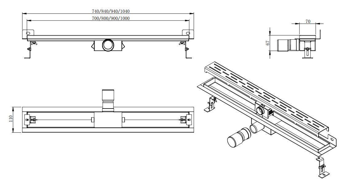 Mueller Luxa RVS douchegoot 70x7cm met muurflens