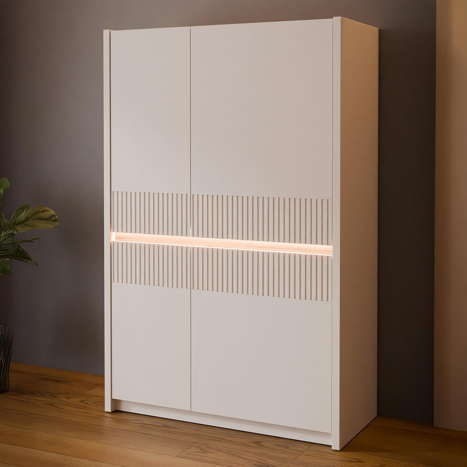Forte Oak SQUERE Schrank 90 100, eleganter Kleiderschrank mit 2 Türen, Beleuchtung und Lamellendesign, Holzwerkstoff, Mauvella Eiche/Sand, 95,3 cm breit x 146,7 cm hoch x 41,5 cm tief