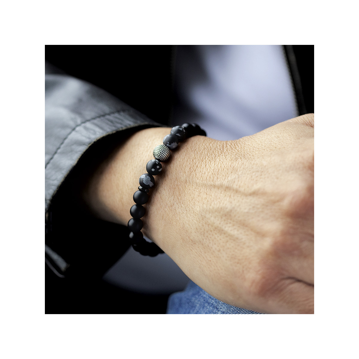 Bracelet onyx boule acier 19 cm