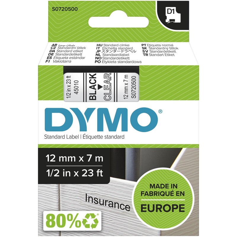 Dymo Schriftbandkassetten D1, 12 mm, schwarz auf transparent