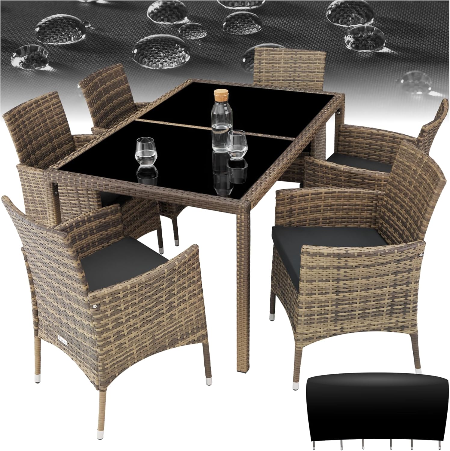 tectake Polyrattan Sitzgruppe für 6 Personen, Balkon Möbel, Gartenmöbel Set mit Tisch und 6 Stühlen, Essgruppe für Garten Terrasse und Balkon, inkl. Sitzkissen und Schutzhülle - Natur/dunkelgrau