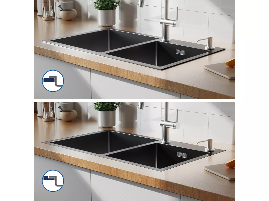 AuraLum Max Évier à Encastré/à Poser 2 Bacs avec Distrubuteur de savon/Ensemble de drainage,Évier 75x45x19cm Inoxydable pour Cuisine,Noir,EU Modèle
