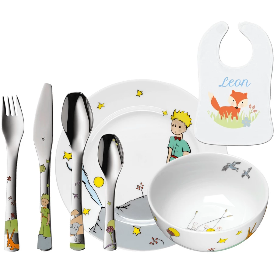 Schnullireich Geschenkset mit Namen Kleiner Prinz: WMF Kinderbesteck + TellerSchale+ Lätzchen Silber