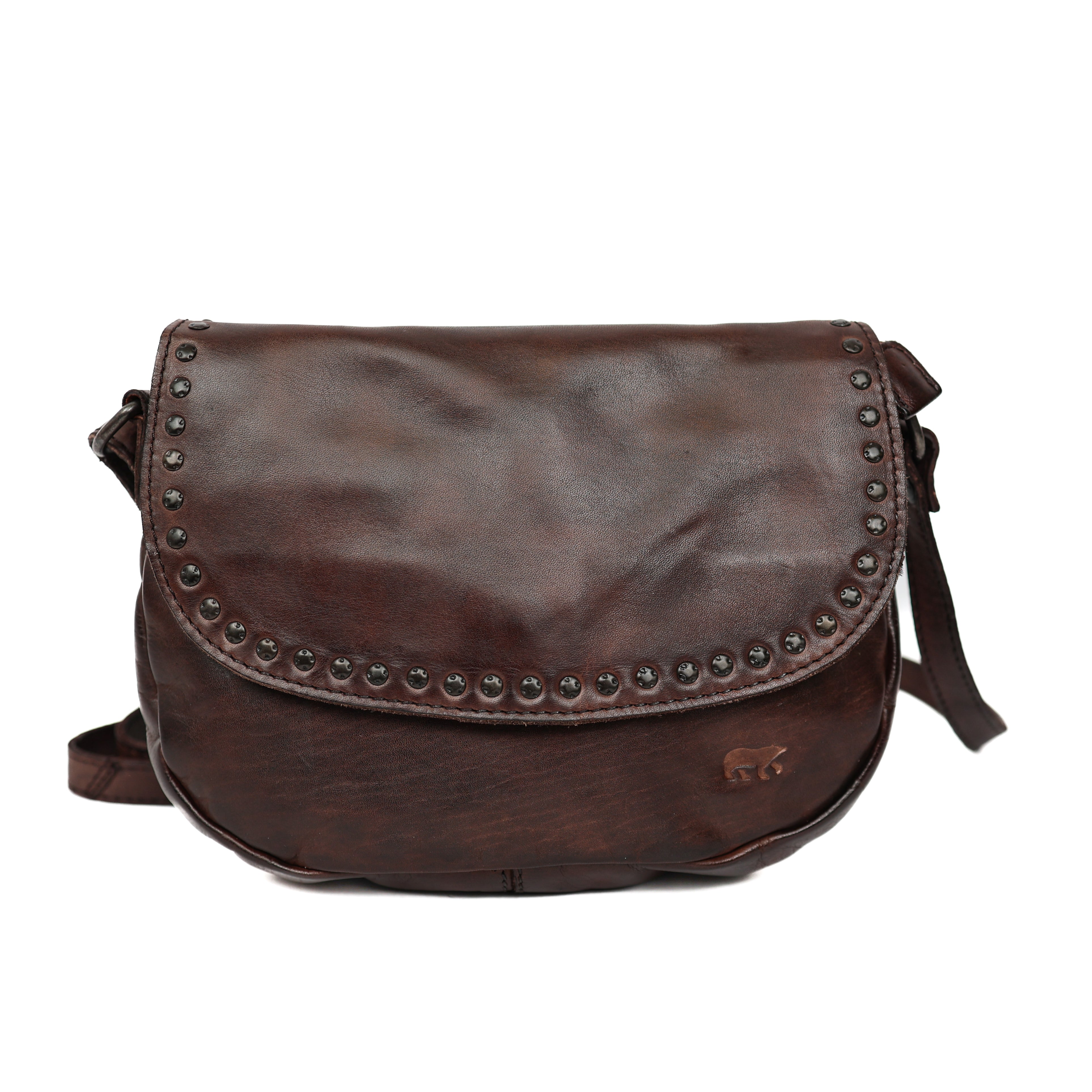 Klein schoudertasje met flap 'Jackie' donkerbruin studs Bruin