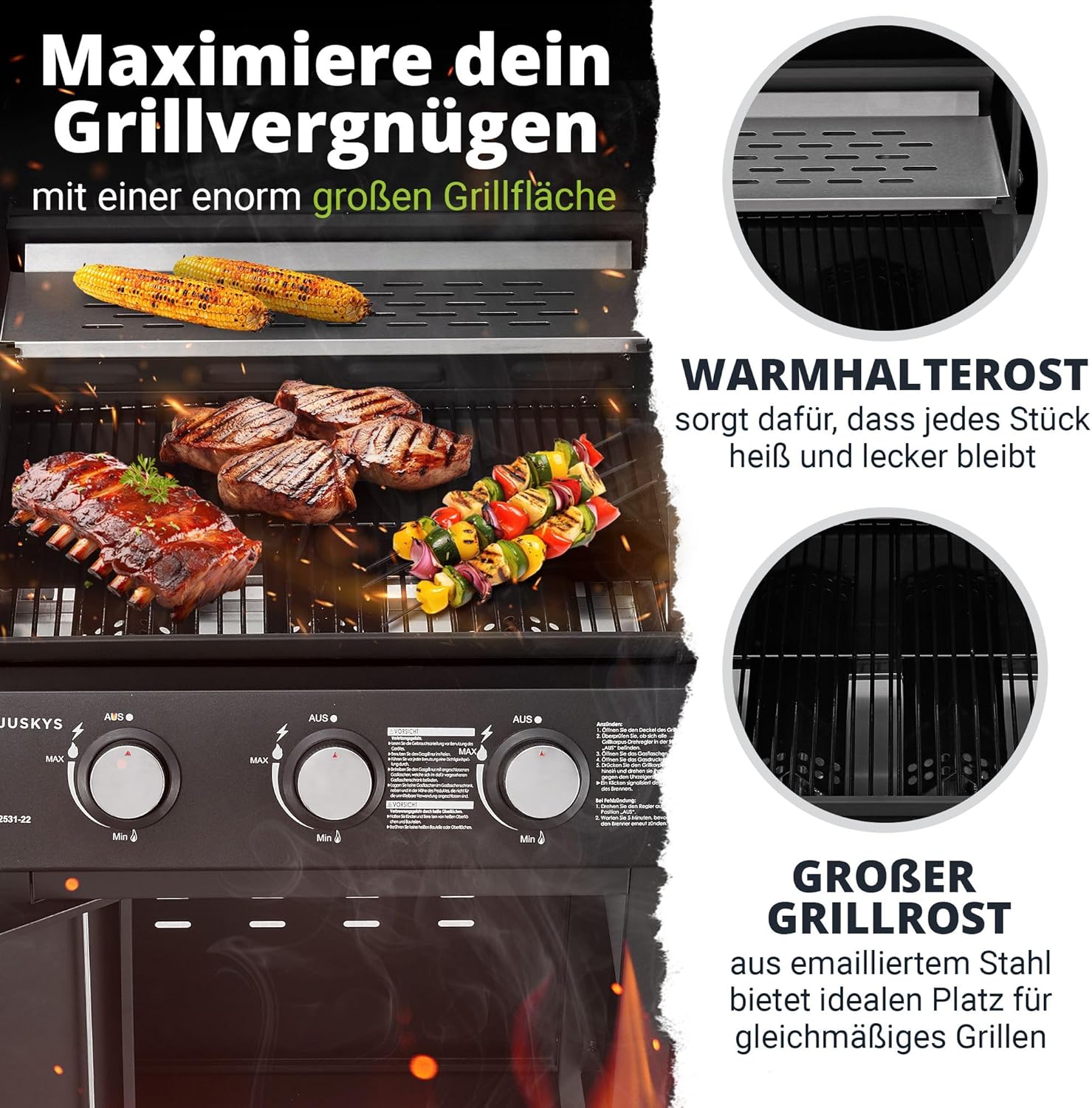 Juskys Gasgrill Louisiana 3 Brenner 8,1 kW – BBQ Grillwagen mit Deckel, Grillrost & Warmhalterost, Grill mit Thermometer, Seitenablagen & Abdeckplane