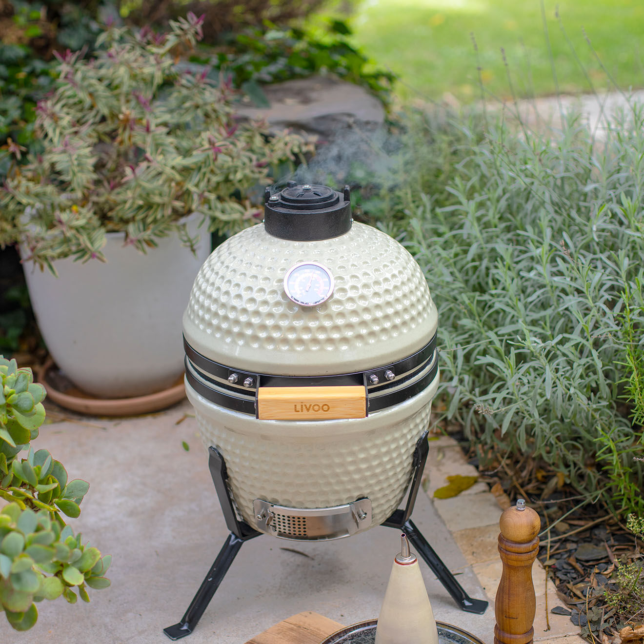 Livoo Barbecue céramique Kamado écru - 35x40.5x55 cm