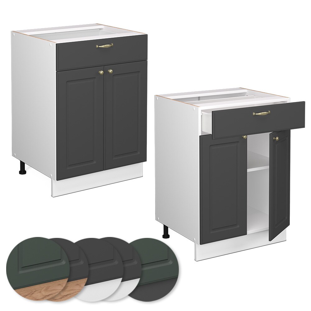 Vicco Schubunterschrank Küchenschrank Küchenmöbel Fame-Line Weiß Anthrazit-Gold Landhaus 60 cm Küche Einbauküche Drehtür Schublade Einlegeboden Blende Küchenzeile