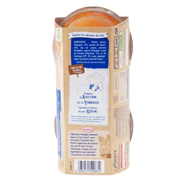 Tigela de refeição noturna Babybio com batata-doce, legumes e arroz +8 meses Orgânica 2 x 200g