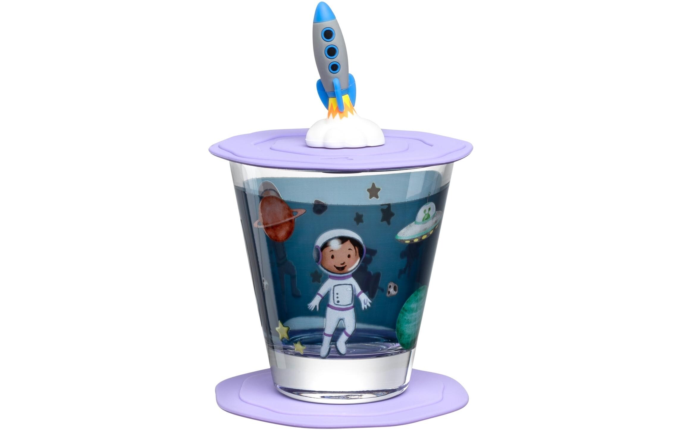 Kindertrinkglas Avventura 215 ml, 3-teilig, WeltallTrinkglas für Kinder mit Deckel und Untersetzer