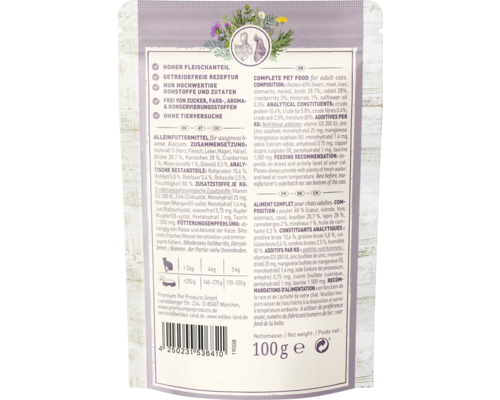 WILDES LAND natvoer voor katten, konijn en kip met veenbessen en waardevolle superfoods, graanvrij, glutenvrij, 100 g