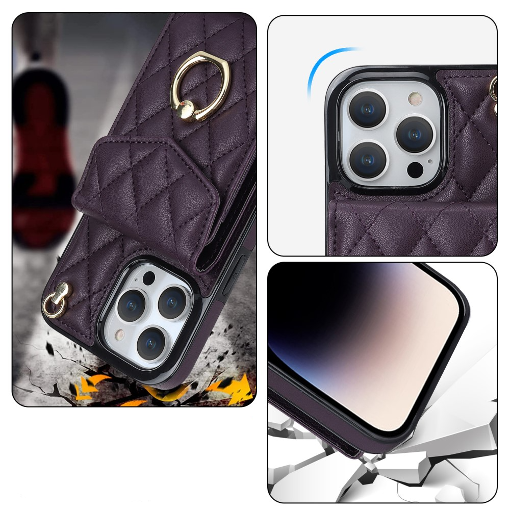 iPhone 15 Pro Max Necklace Leder Hülle mit Kartenfächer   Finger Griff Halterung   Handykette (RFID Schutz) - Violett