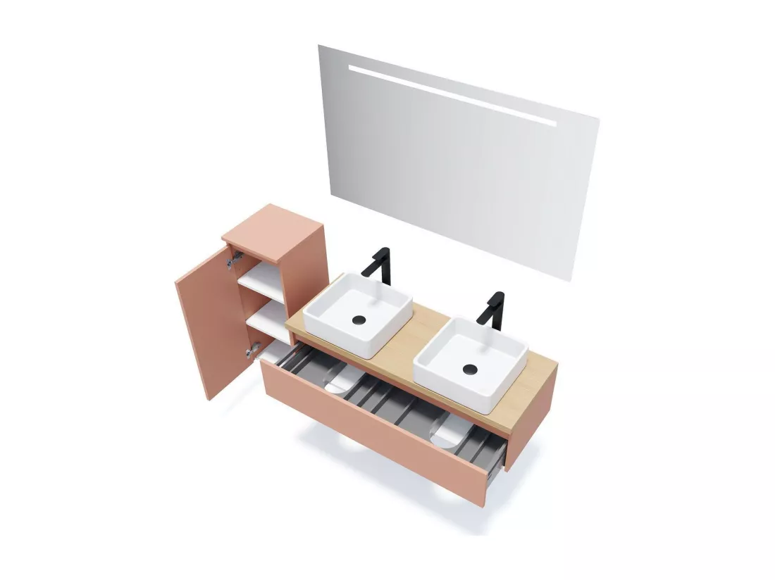 Meuble de salle de bain suspendu 2 vasques à poser 120cm 1 tiroir Abricot - Hudson