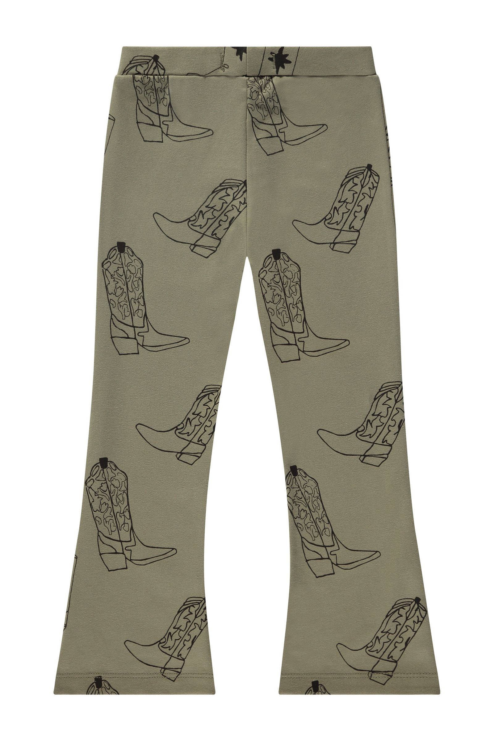 Stains&Stories flared broek met all over print legergroen/zwart