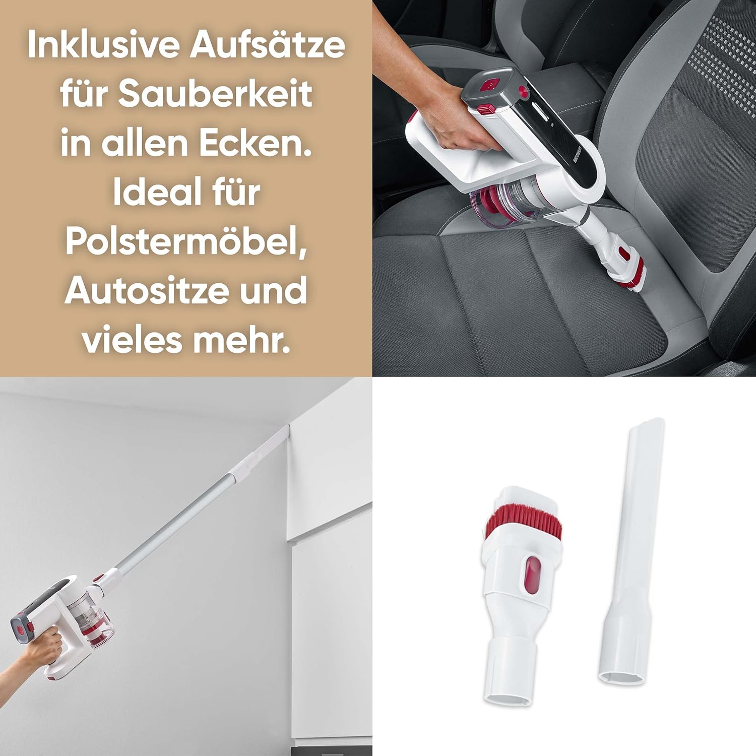 SEVERIN Akku Staubsauger kabellos 60 Min Laufzeit, 2-in-1 Staubsauger für Tierhaare, ultraleicht & beutellos für Teppich, Hartböden & Auto, mit passendem Zubehör, 400 W, weiß, HV 7166