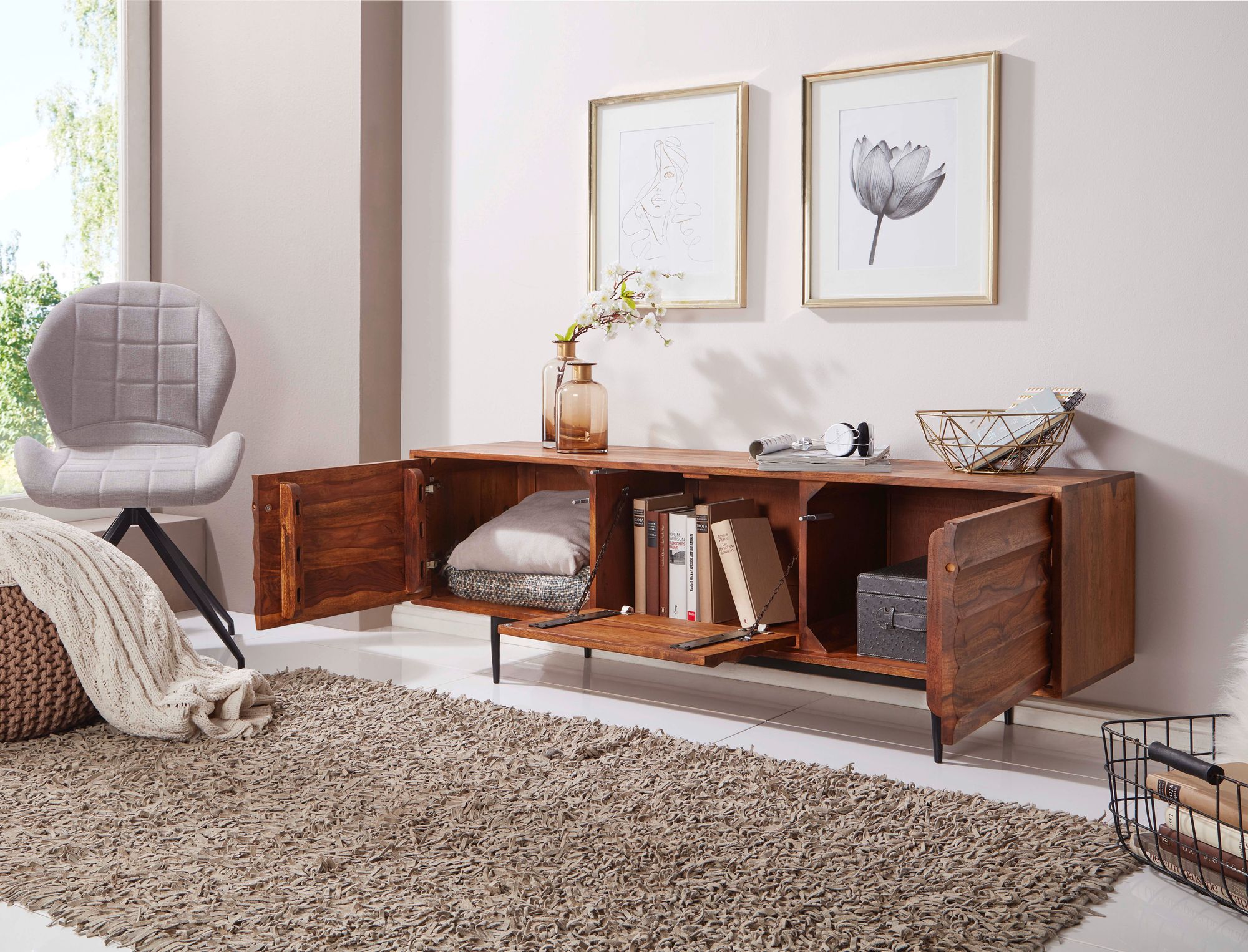 FineBuy TV Lowboard FB51426 Holz Fernsehkommode Massiv Landhaus Fernsehschrank