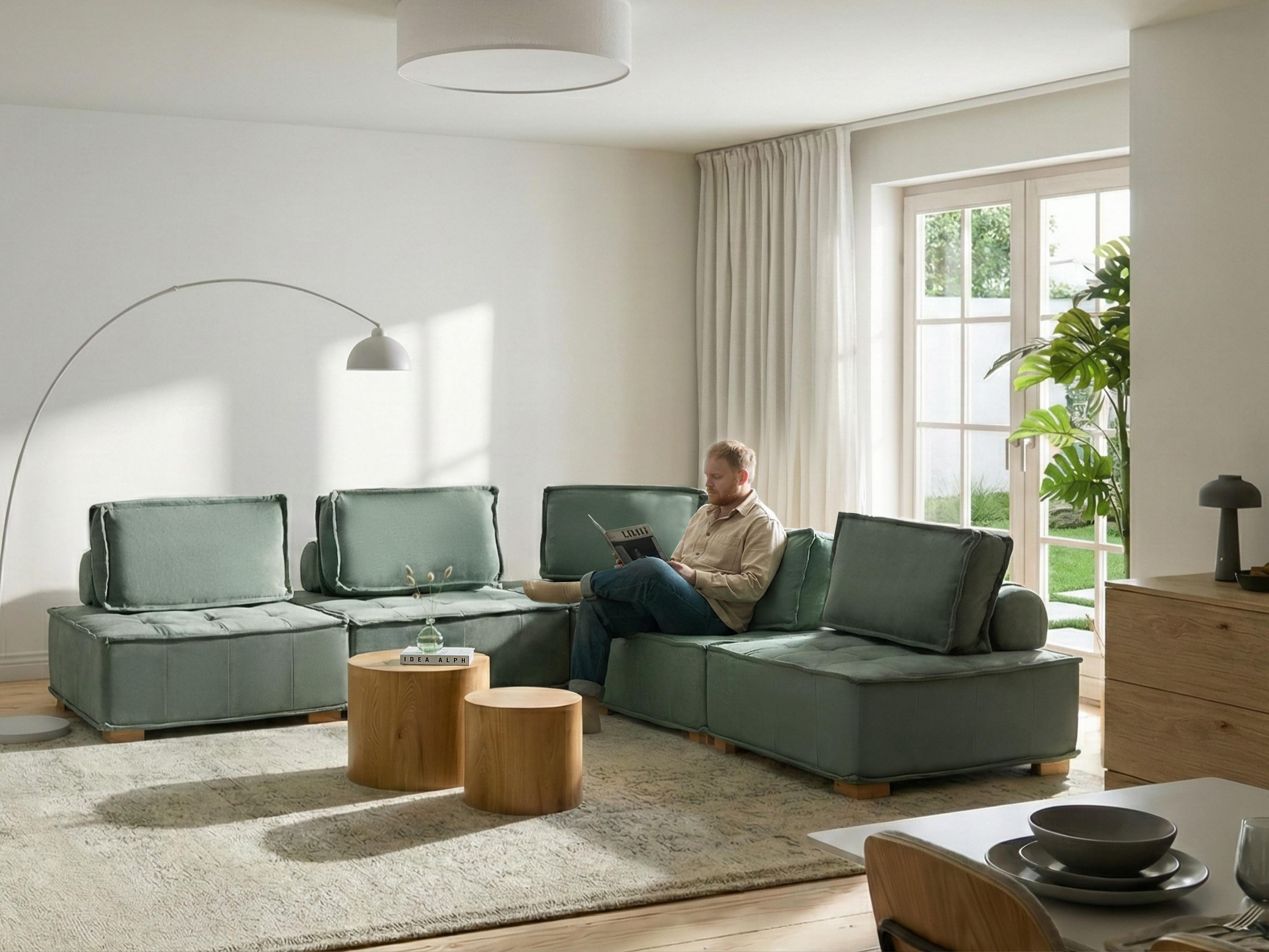 Modulaire hoekbank 5-zits TIBRO Stof Lichtgroen linkszijdig