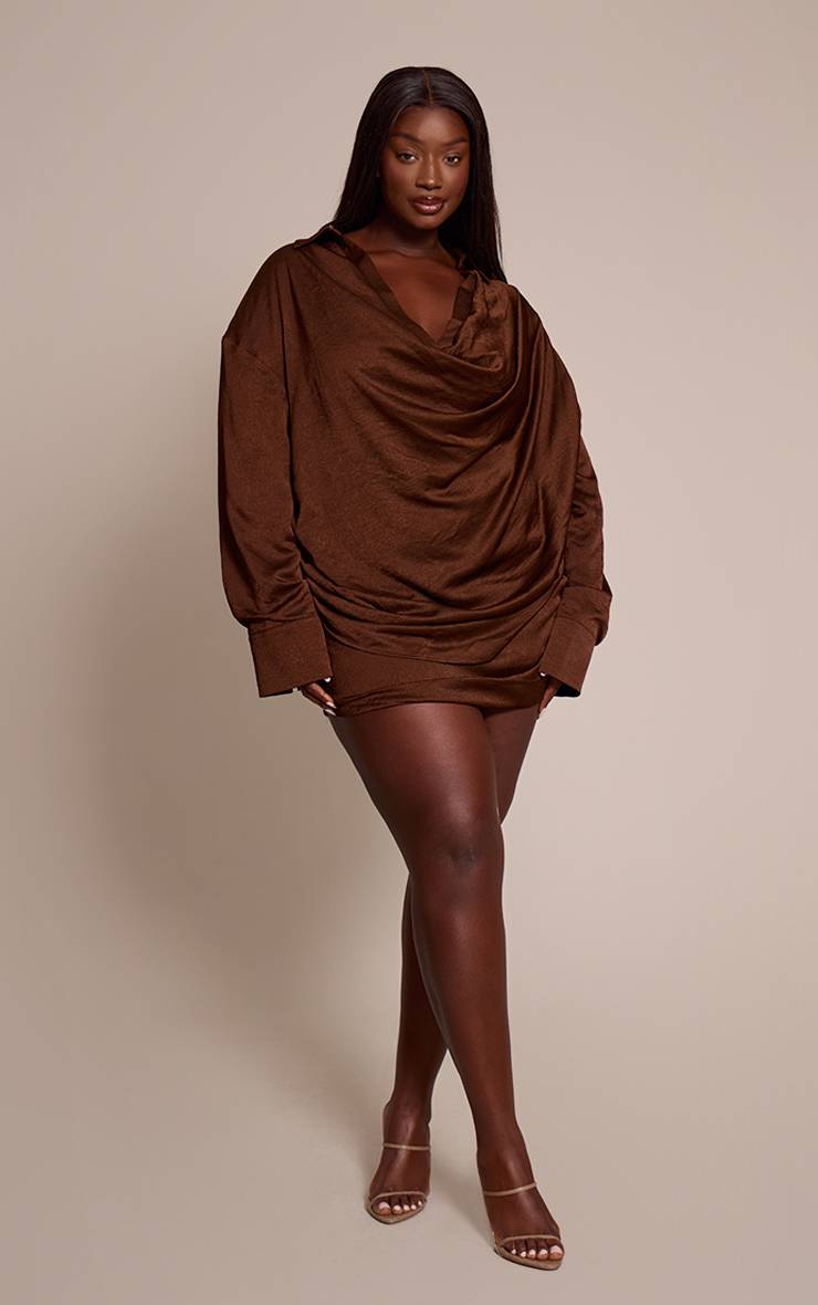 Marron Chemise Grande Taille Satinée Texturée À Décolleté Plongeant