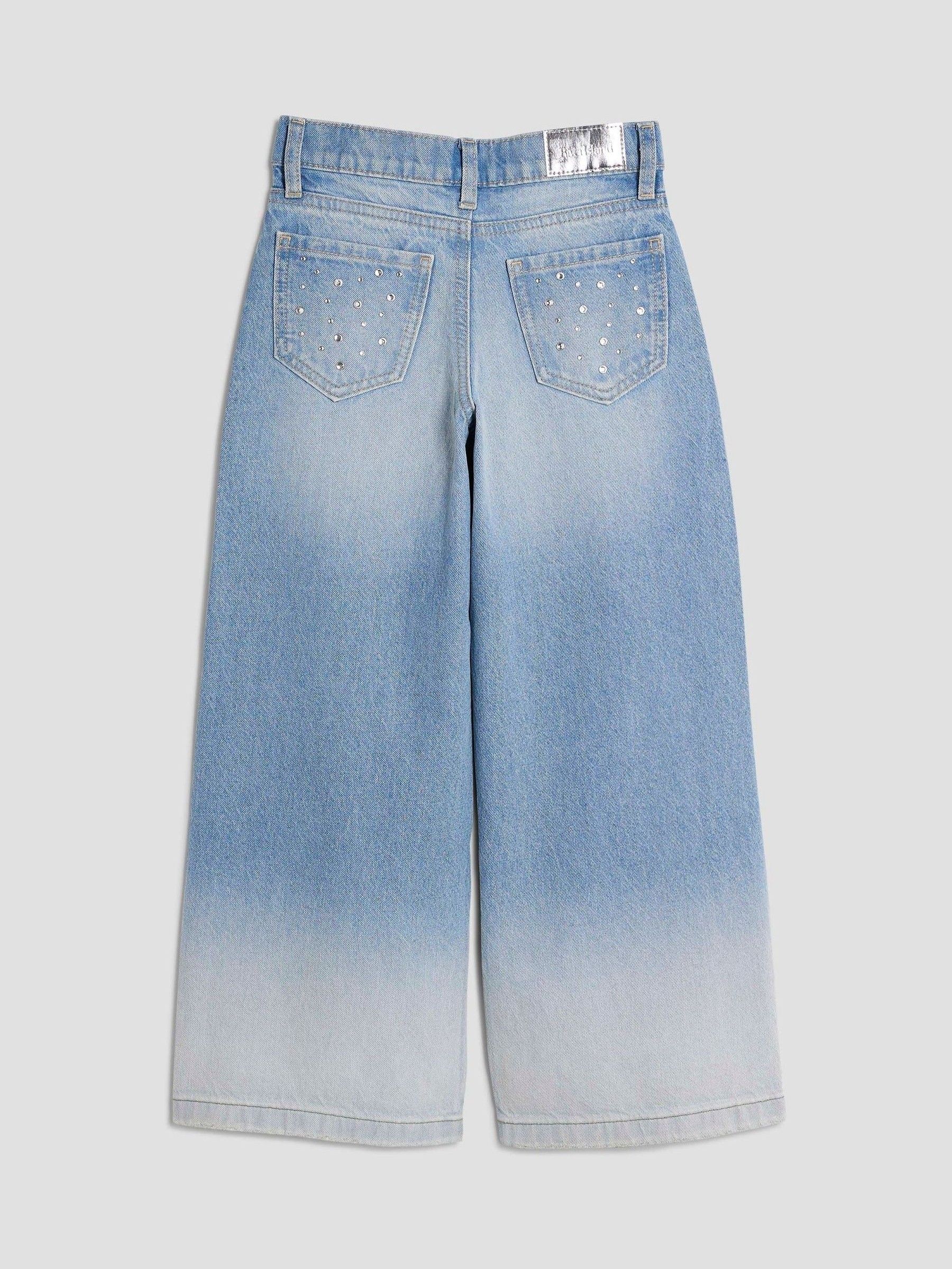 River Island Girls Rip Diamante Ombre Wide Jeans