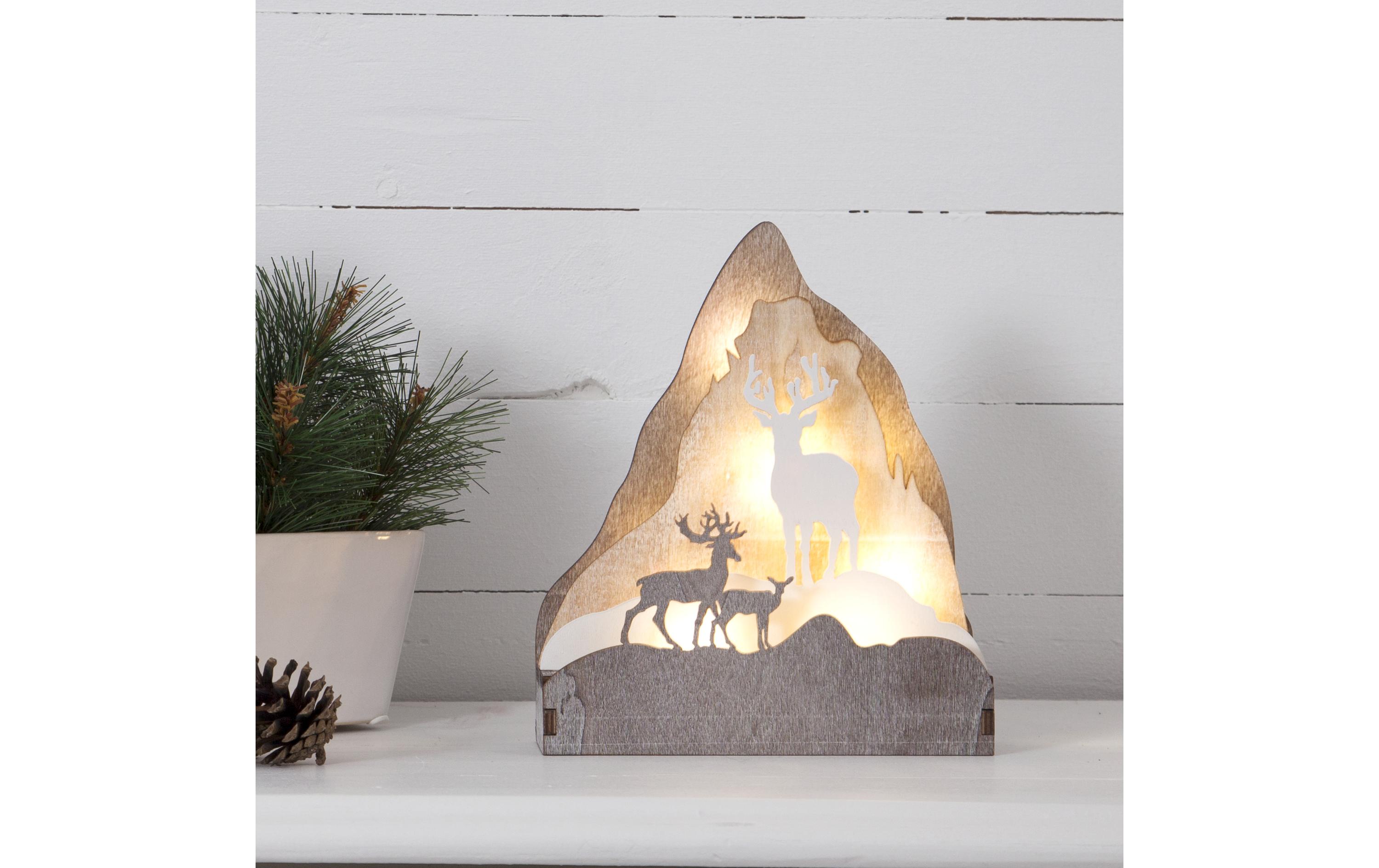 Tischdeko Gebirge Fauna, 28 cm, HolzBeleuchtetes Gebirge mit Hirschen