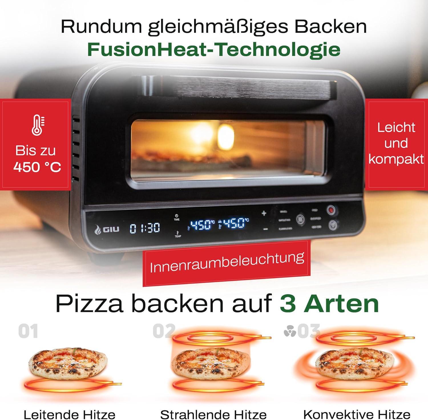 GIU Elektrischer Pizzaofen - Starker Elektro-Ofen für neapolitanische Pizza | Backofen, Pizzaofen, elektrisch, Electric Oven | Über 400 Grad FusionHeat-Tech | Genieße Steinofen-Geschmack Zuhause