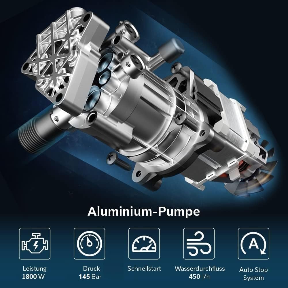 LEHMANN Hudson Hochdruckreiniger mit Aluminiumpumpe, 1800 W, max. 220 bar Druck, 450 l/h Fördermenge, Zubehör - Terrassenbürste, Schaumsprüher, Felgenbürste, Ideal als Auto Hochdruckreiniger