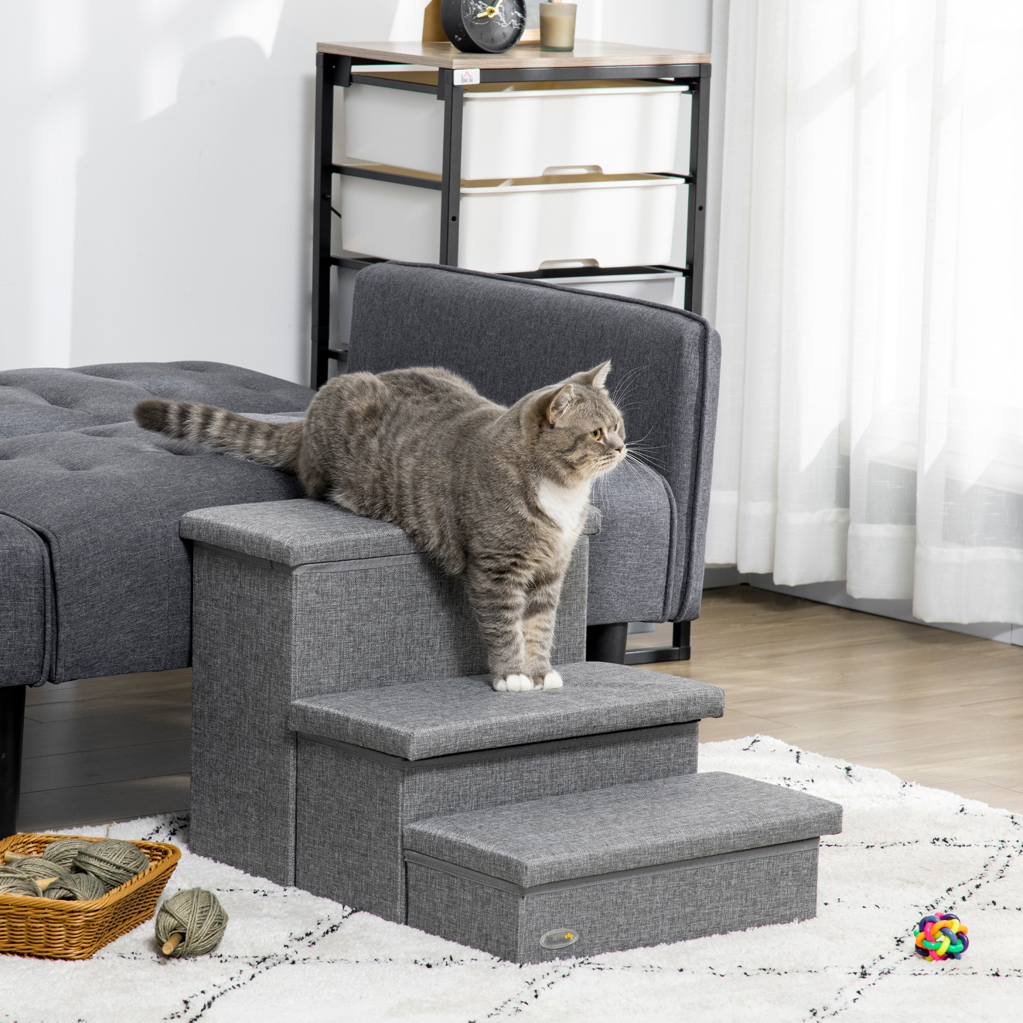 Escada PawHut de 3 degraus para cães e gatos com tampas que abrem e espaço de armazenamento, 63,5 x 42,5 x 40,5 cm, cinza