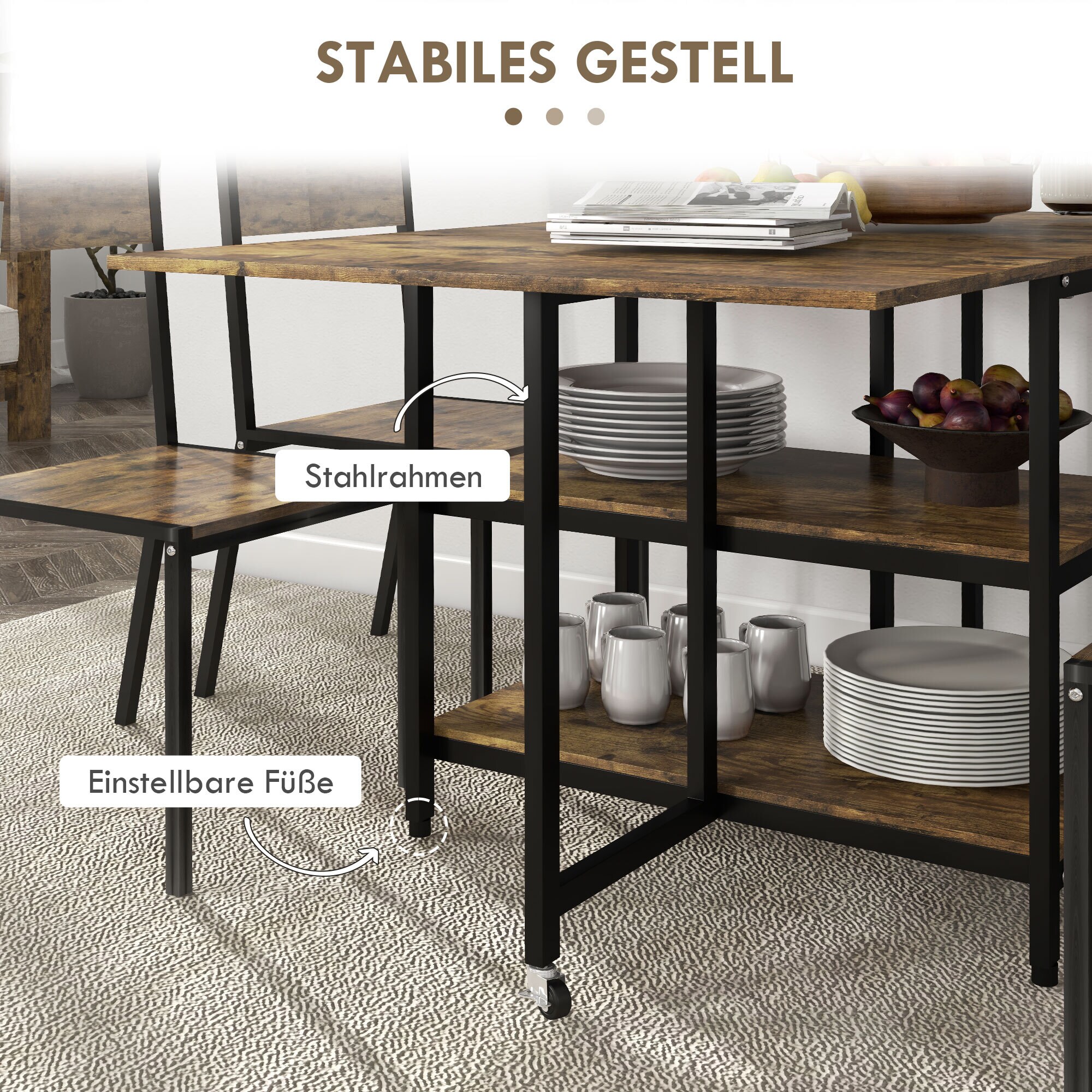 HOMCOM Klappesszimmertisch mit Rollen und 2 Ablageebenen braun 140L x 80B x 75H cm