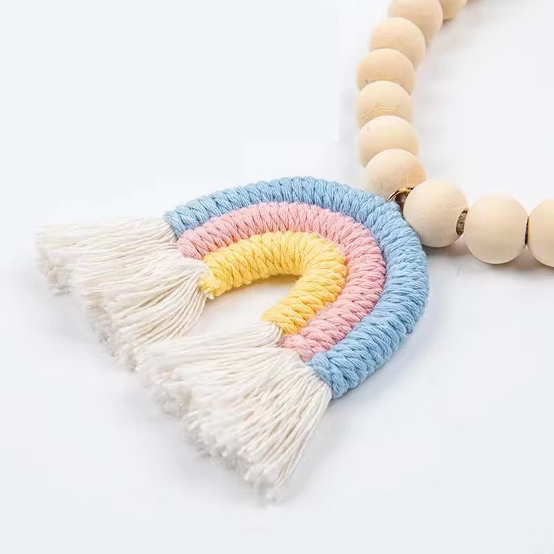 (2er Set) Magnetische Holz Perlen Vorhang Raffhalter Kinderzimmer Binder Gardinenhalter Geknüpfte Boho Deko - Regenbogen