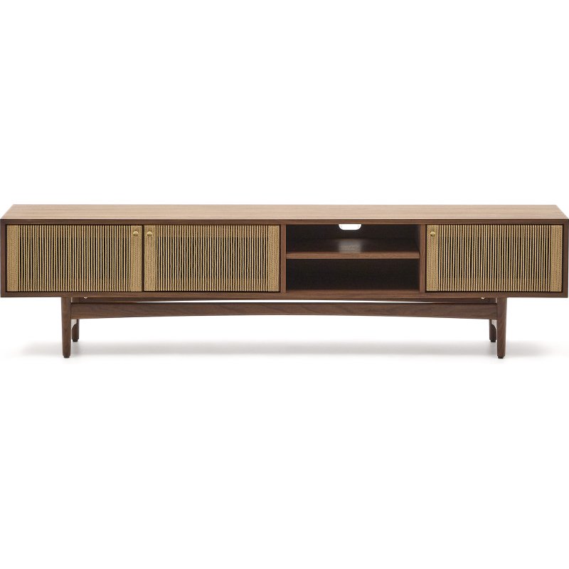 Meuble TV Elan 3 portes en placage et bois de noyer et corde 200 x 50 cm