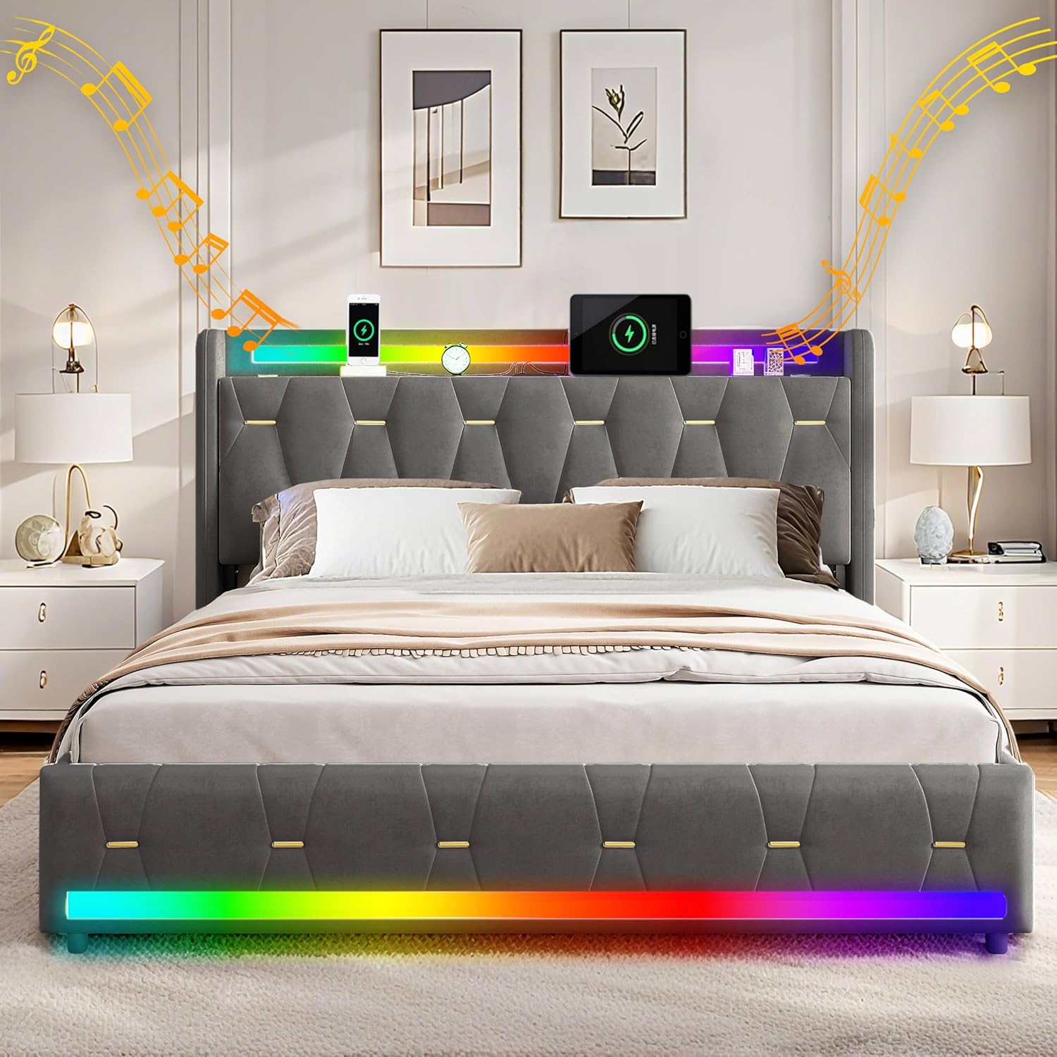 160x200cm Samt Polsterbett mit 4 Staufächern, Bluetooth-Lautsprecher, LED-Beleuchtung & USB/Type-C-Anschlüssen, Plattformbettgestell mit 4 Schubladen und Holzlatten, Grau