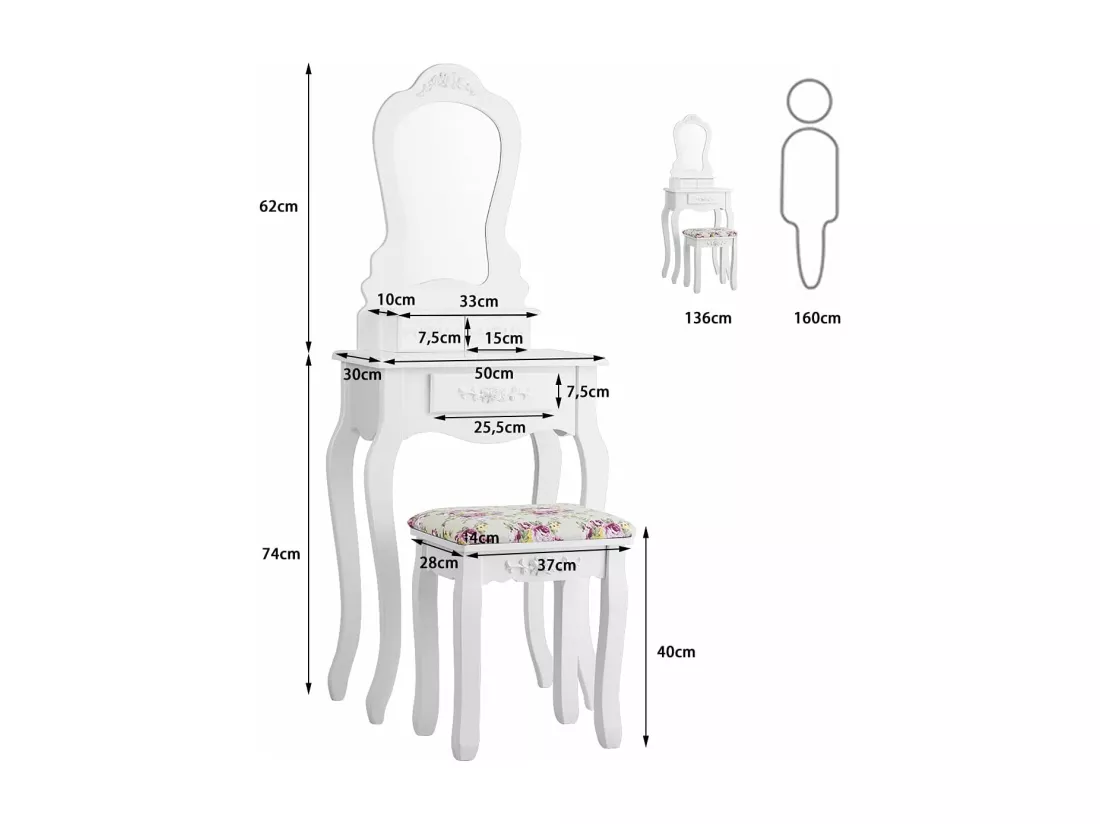 Coiffeuse avec Tabouret Table de Maquillage avec 3 Tiroirs et Dessus Amovible Blanc