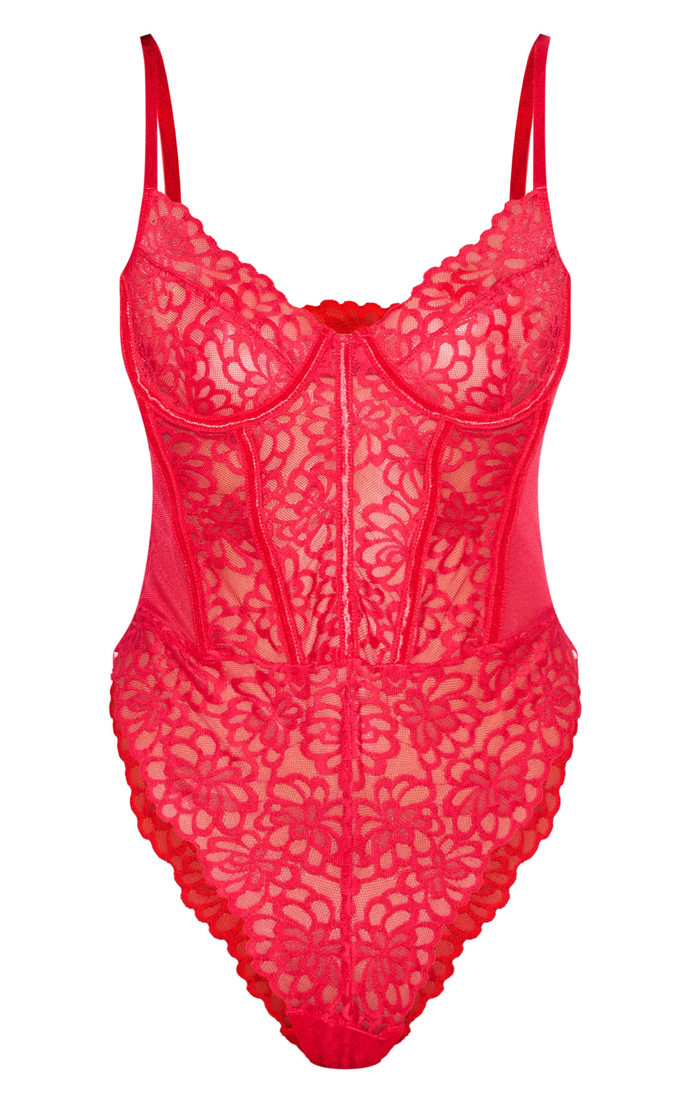 Rouge Body En Dentelle Florale À Découpes Et Bords Festonnés