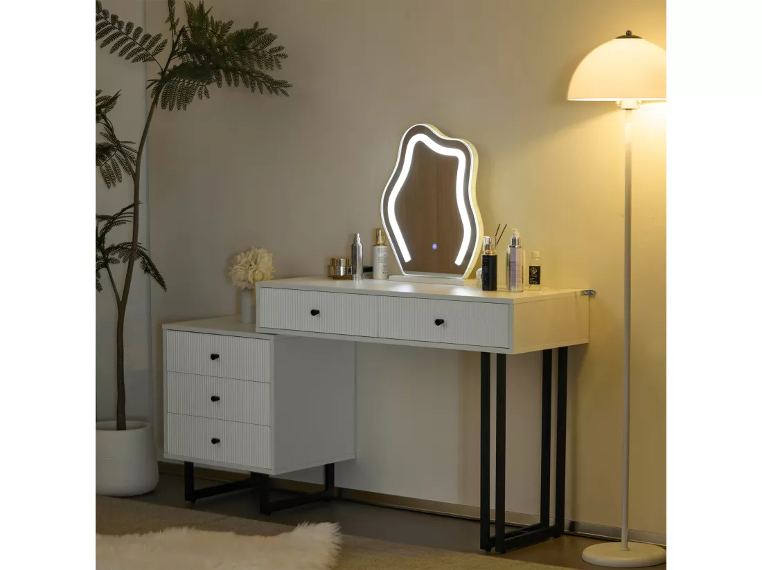 Coiffeuse avec miroir et 5 tiroirs - 100 x 40 x 76 cm - Panneau de particules - LEDs - Plateau extensible - Blanc (sans tabouret)