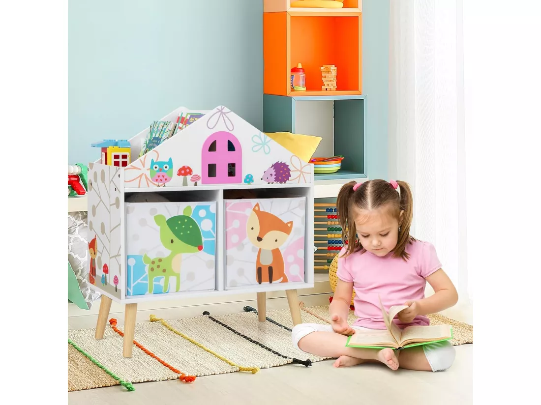 Bibliothèque enfants en forme maison avec 2 bacs & 4 emplacements, 62x30x72cm