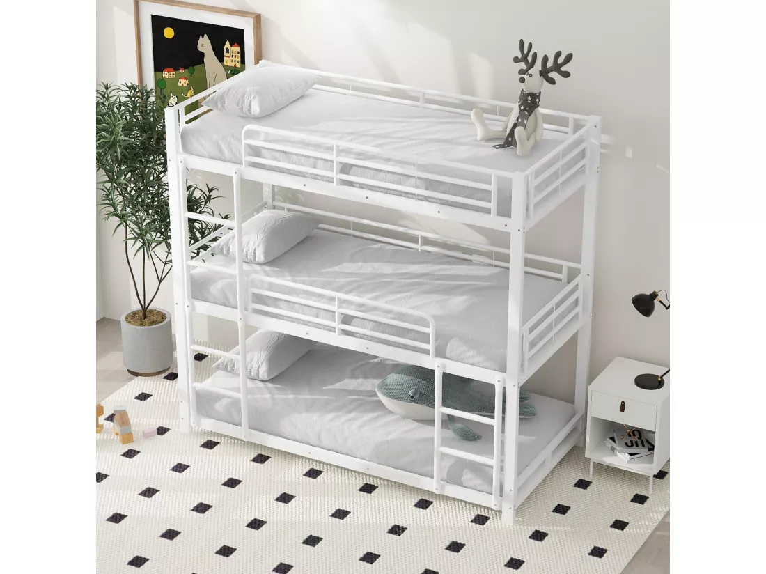 Lit superposé triple - 3x90x200cm - cadre en fer - Blanc