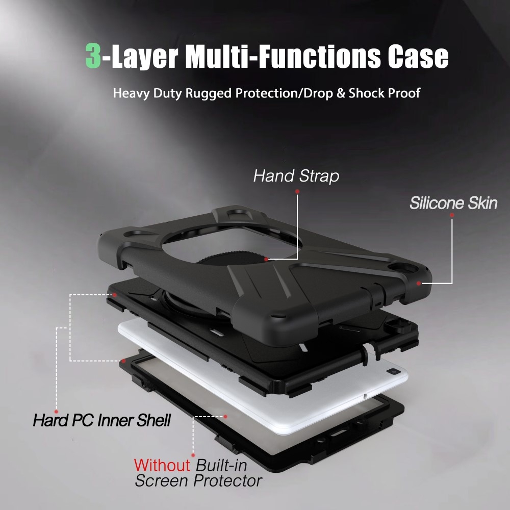 Samsung Galaxy Tab A 8.0 (2019) Hybrid Outdoor Silikon Case Hülle mit Aufsteller und Handschlaufe - Schwarz