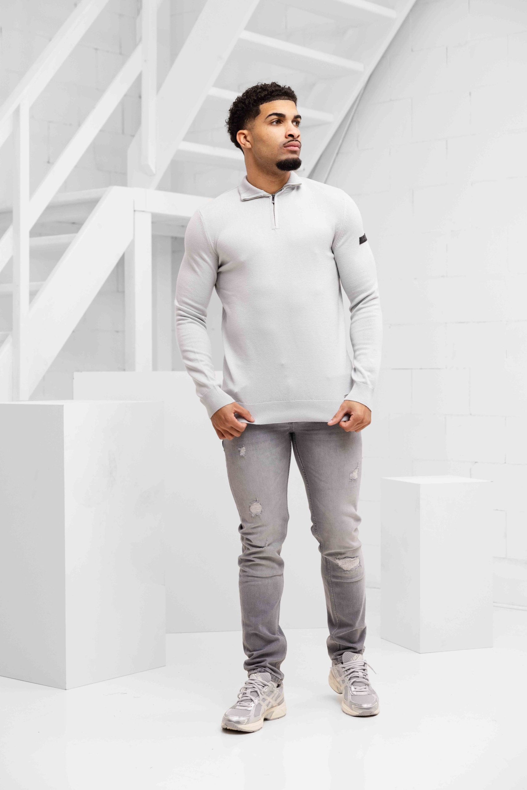 Malelions Knitted Quarter Zip Sweater Heren Lichtgrijs